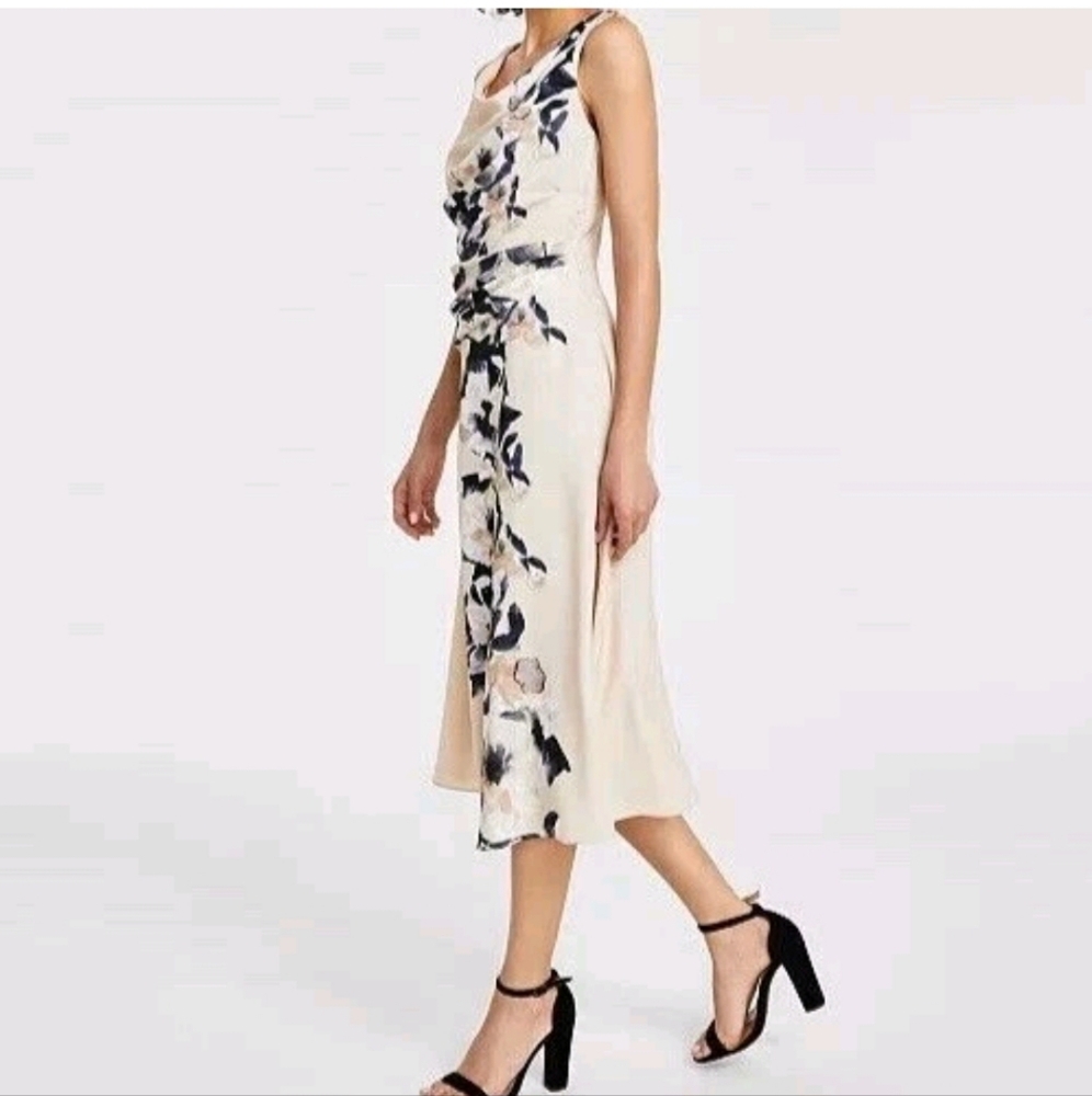 DKNY Womens Cocktail Midi Dress Fit & Flare Floral Beige Multi-Color SIZE 8 - Picture 3 of 6